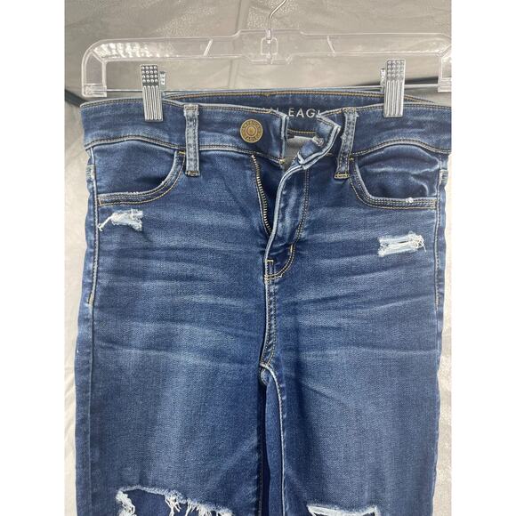 American Eagle Dark Wash Distressed Blue Denim Skinny Jeans Women's Size 0 Short - Picture 3 of 8